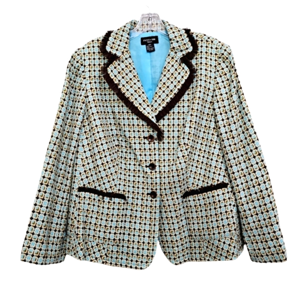 FOCUS 2000 Woman Nwt Turquoise/Green/Brown Tweed Longsleeve Blazer